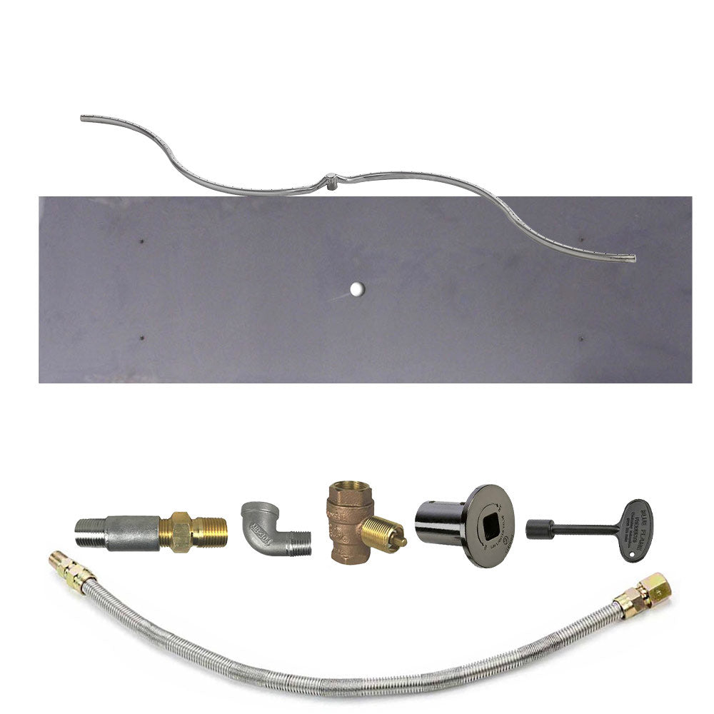 Fire pit burner kit with metal supply tube, braided hose, brass fittings, and dark round plate