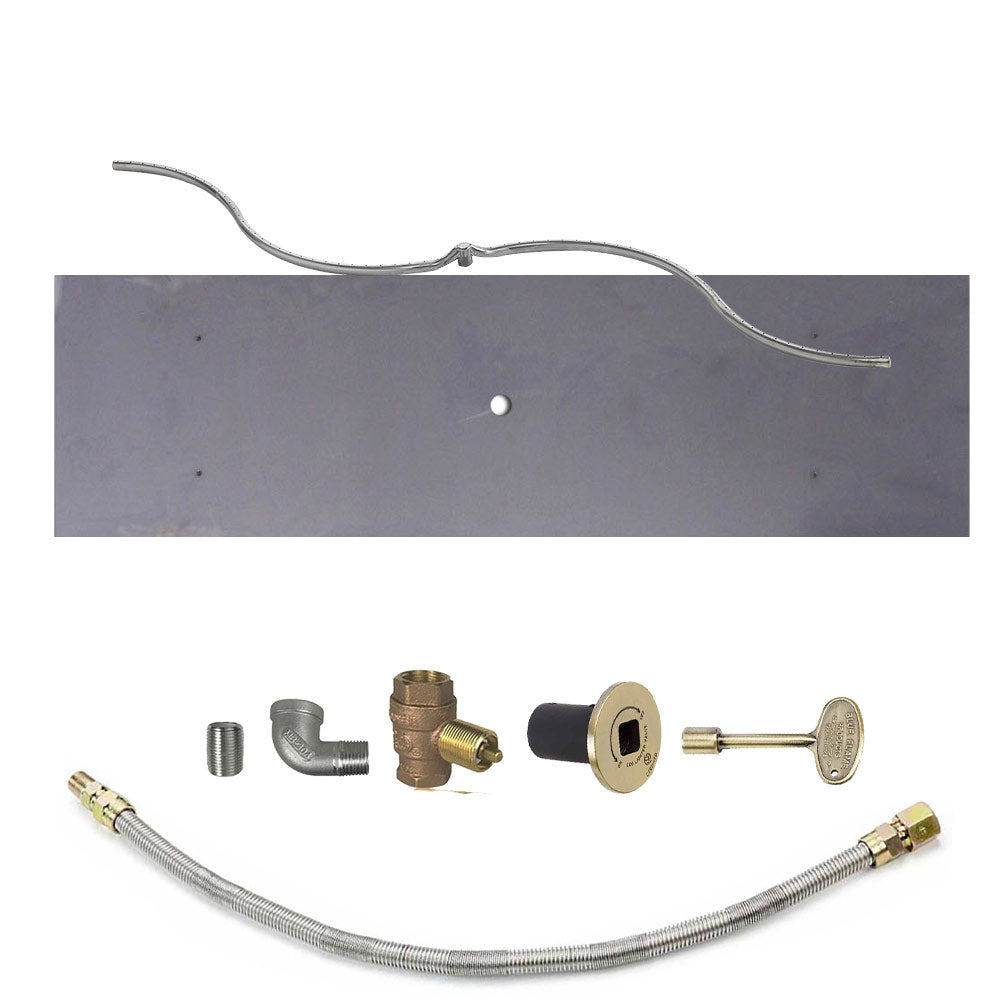 Gas fire pit burner kit with flexible steel tube, brass fittings, and black valve