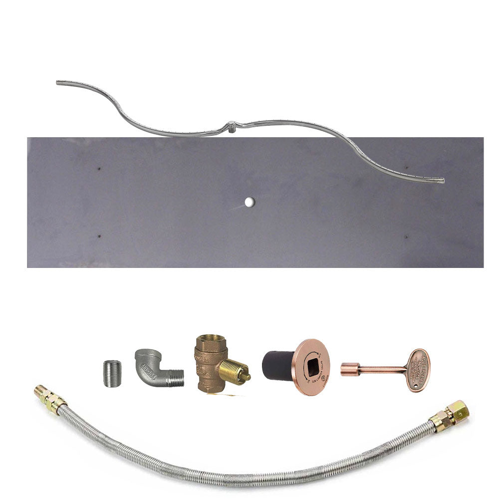 Gas fire pit burner kit with flexible steel tube, brass fittings, and copper head