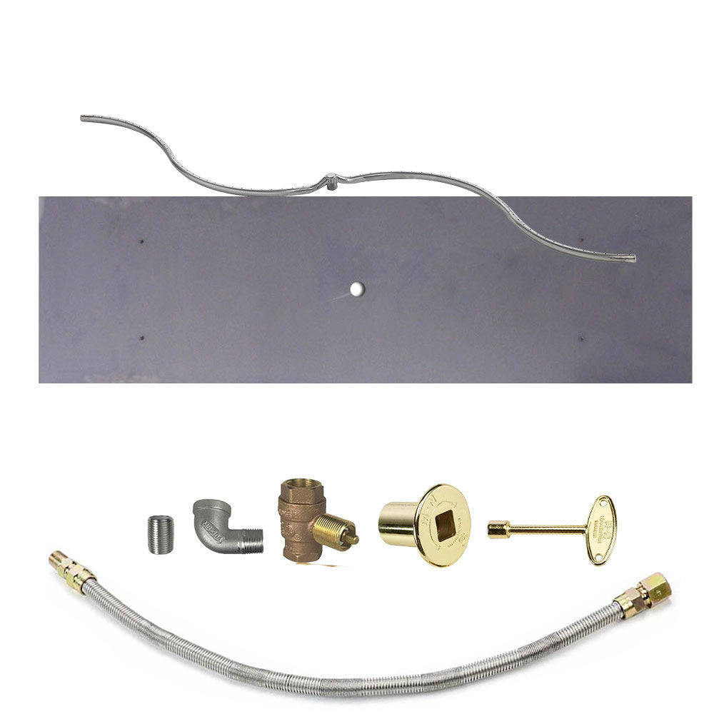 Gas fire pit burner kit with flexible steel tube, brass fittings, and gold head
