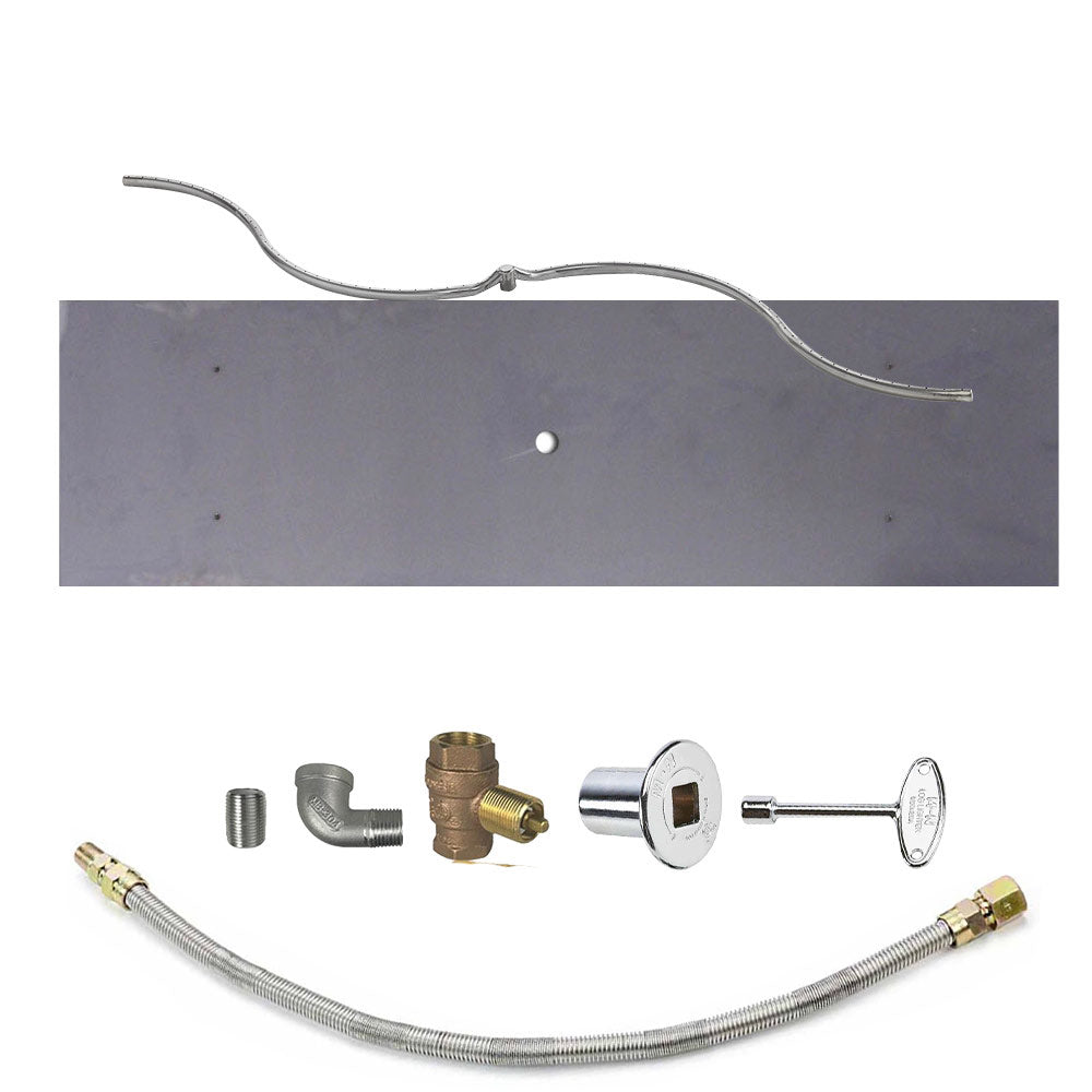 Gas fire pit burner kit with flexible hose, brass fittings, and control valve head