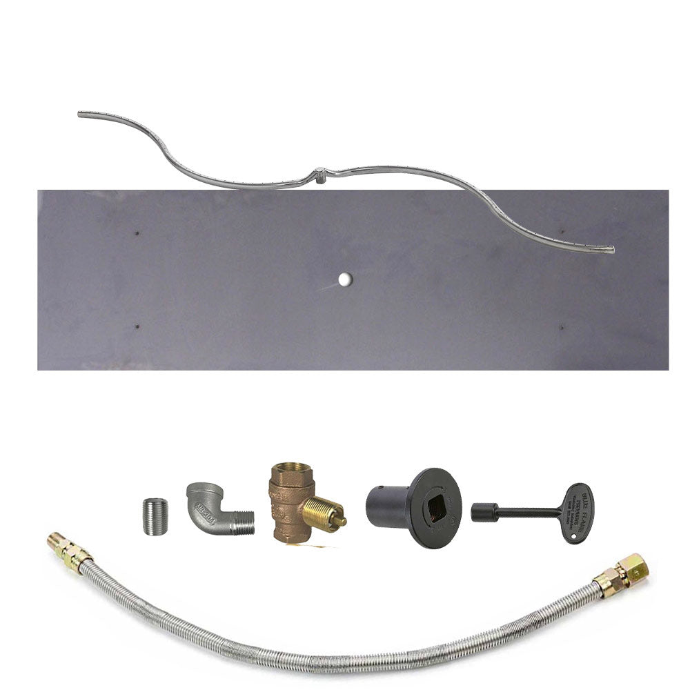 Gas fire pit burner kit with flexible hose, brass fittings, and black control valve
