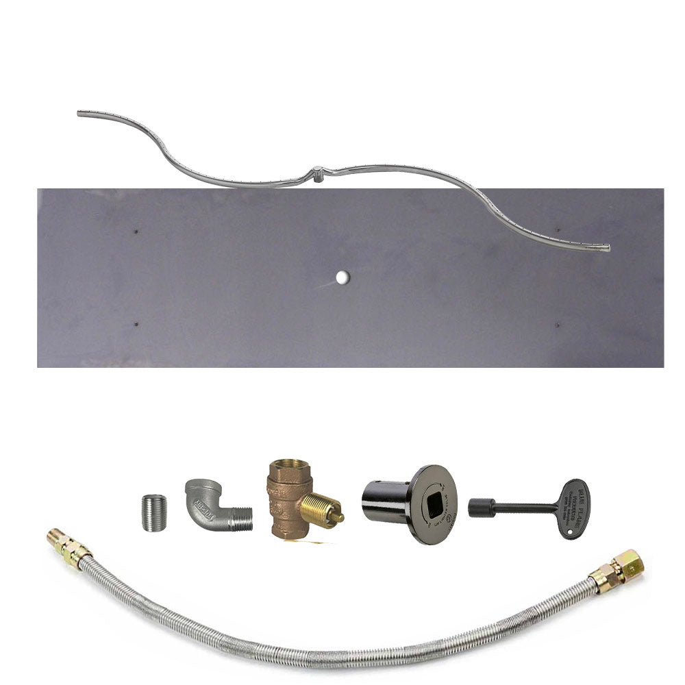 Gas fire pit burner kit with flexible gas hose and brass connector fittings