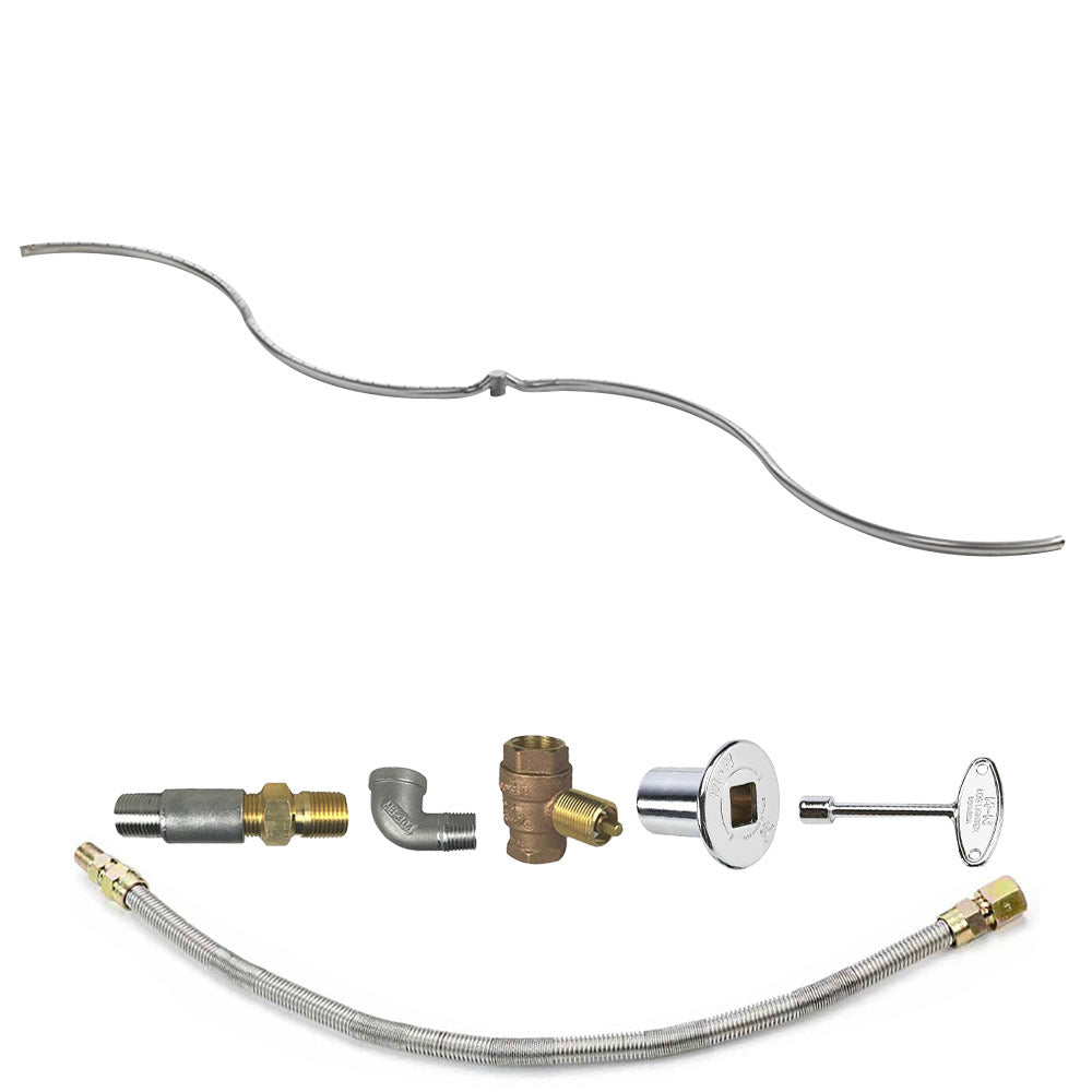 Fire pit burner kit with stainless gas line and brass valve fittings