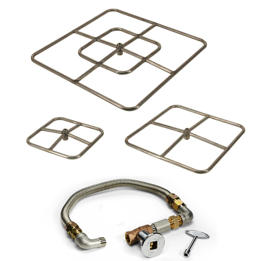 Square gas fire pit burner grate with cross-hatched design, gas hose, regulator, and igniter key