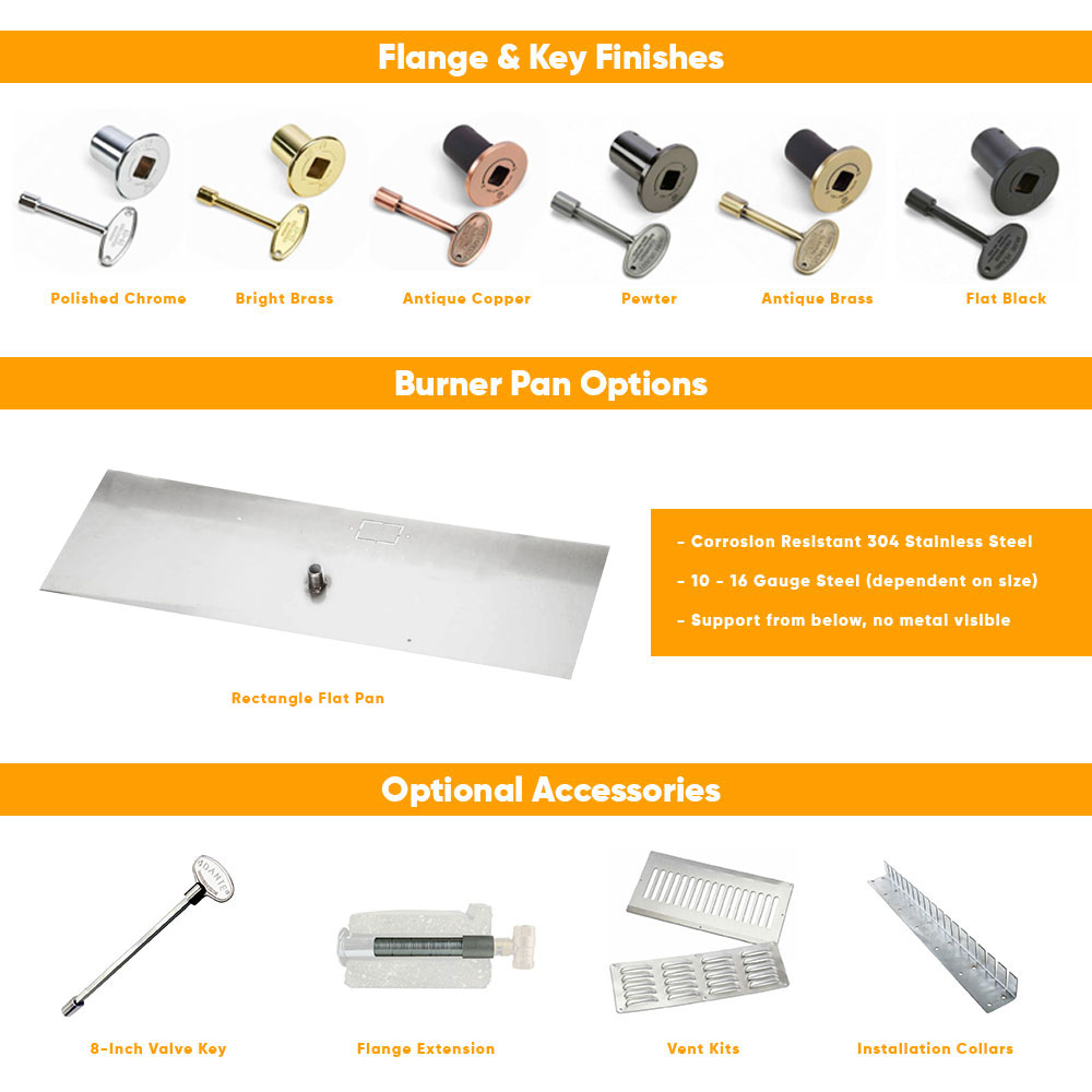 Fire pit burner kit infographic showing flange finishes and burner pan options