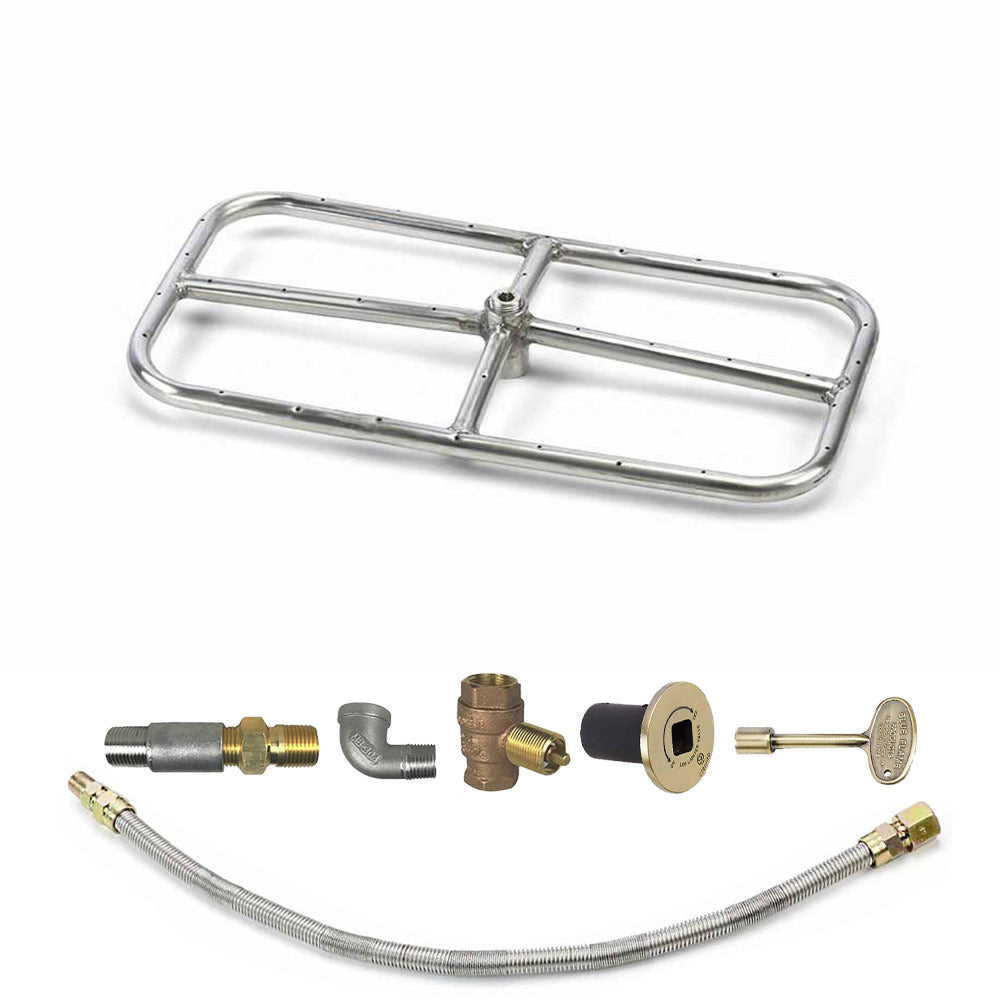 Rectangle fire pit burner kit with stainless grate, brass fittings, and ignition