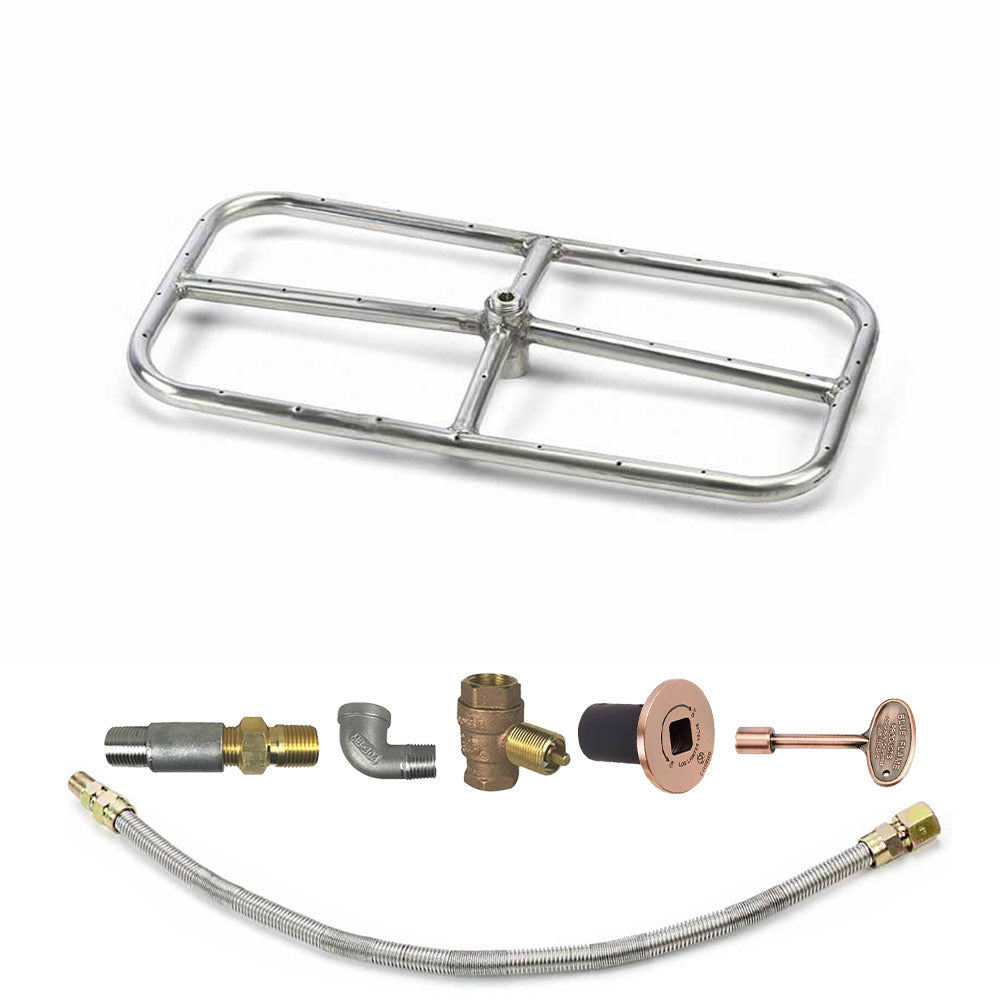 Rectangle fire pit burner kit with stainless grate, brass fittings, and copper valve