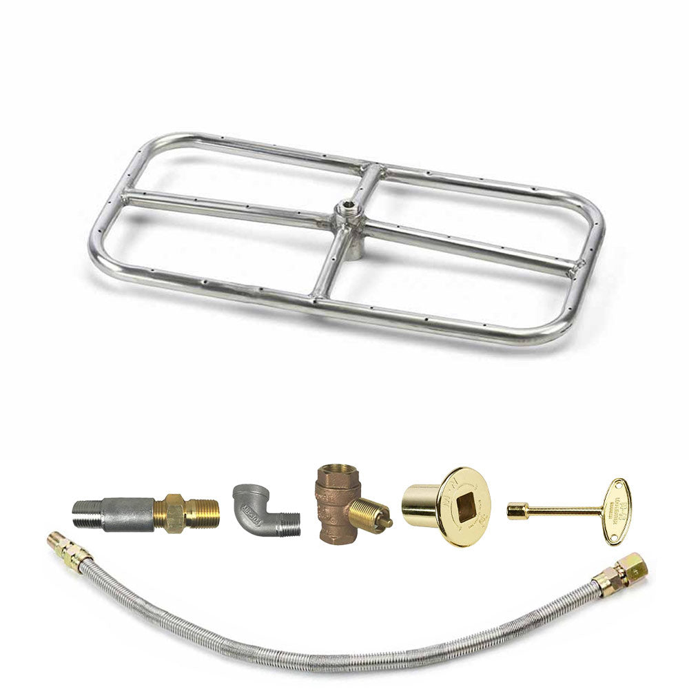 Rectangle fire pit burner kit with stainless grate, brass fittings, and gold valve