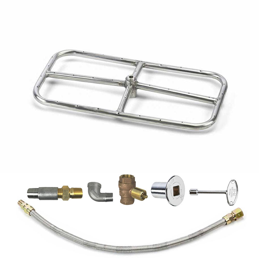 Rectangle fire pit burner kit with stainless grate, brass fittings, and chrome valve
