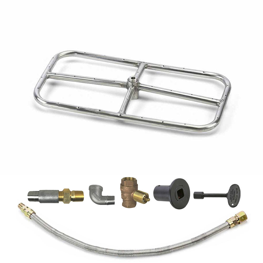 Outdoor fire pit burner kit with stainless burner frame and gas valve components, black control knob