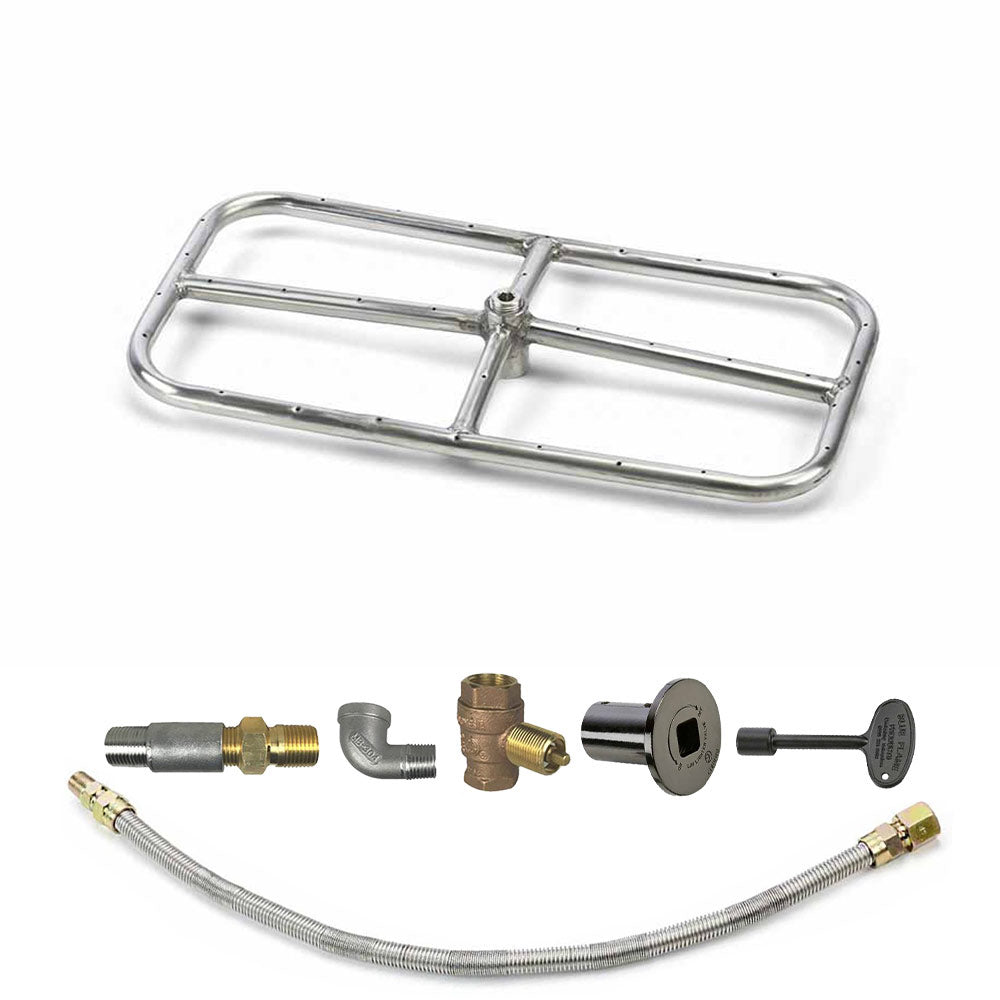 Outdoor fire pit burner kit with stainless burner frame and connected gas hose, brass fittings