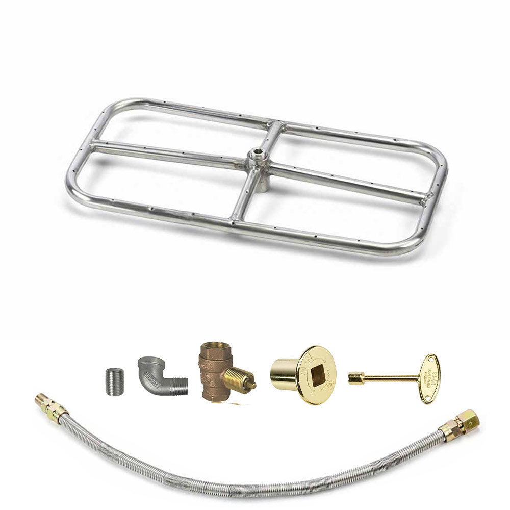 Outdoor fire pit burner kit with stainless burner frame and gas hose, gold control plate