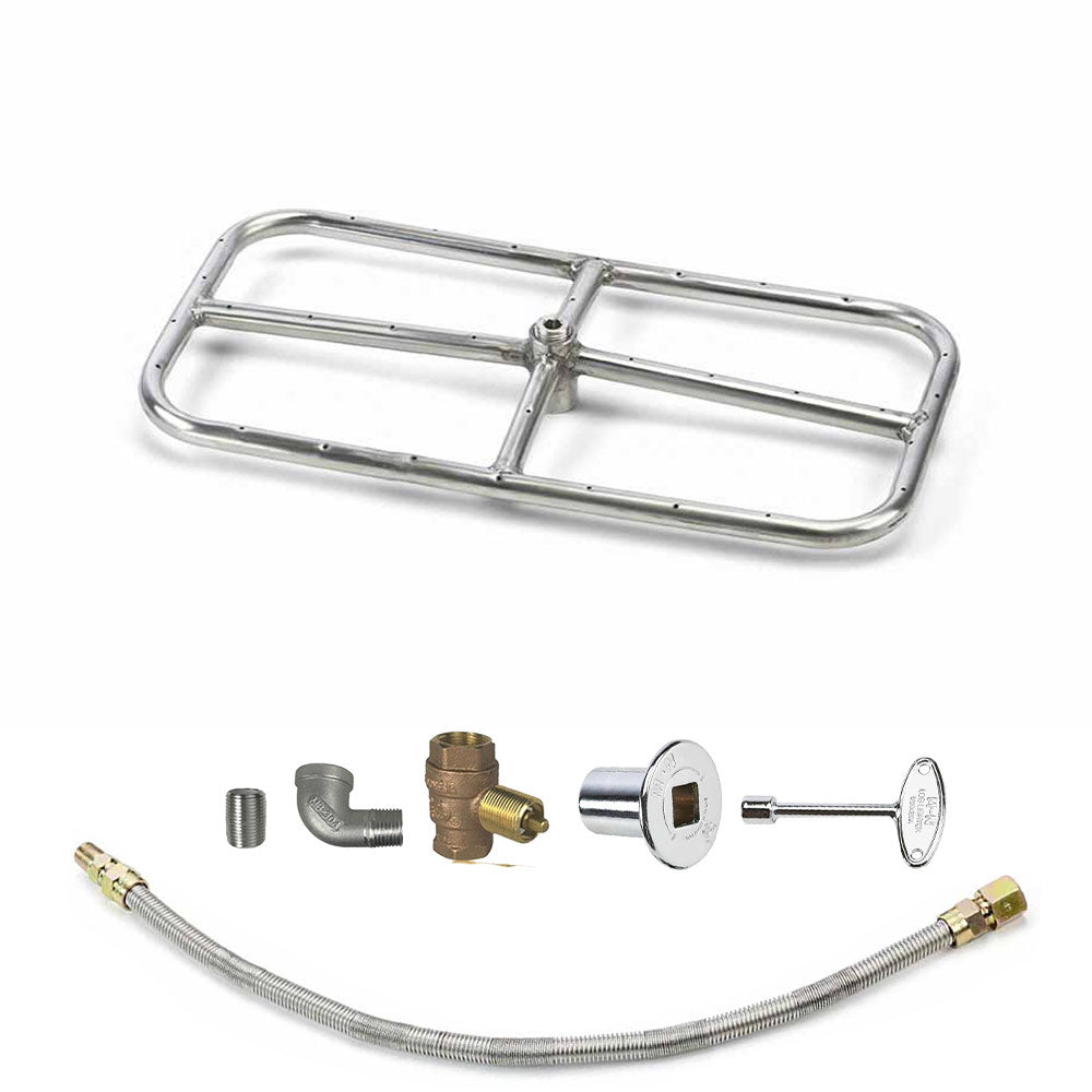 Rectangle fire pit burner kit with stainless grate and gas valve components
