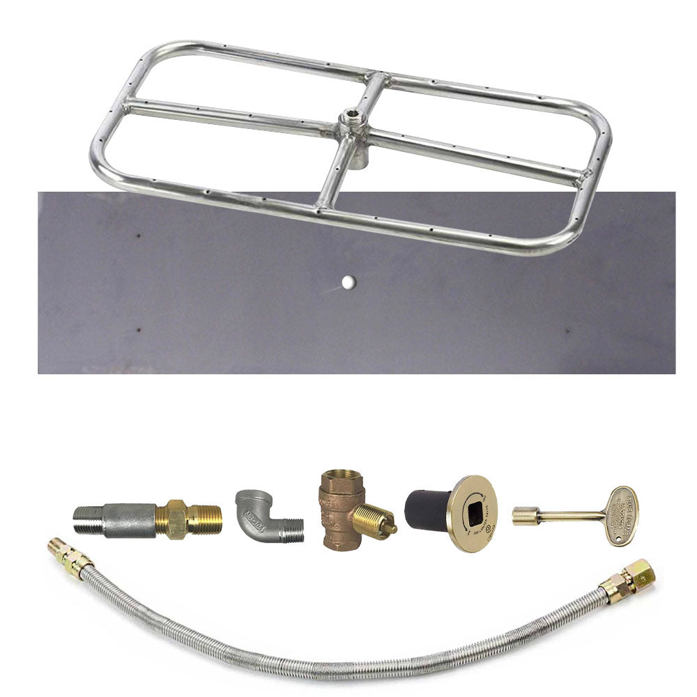 Outdoor fire pit burner kit with stainless burner frame and gas valve parts, black control plate