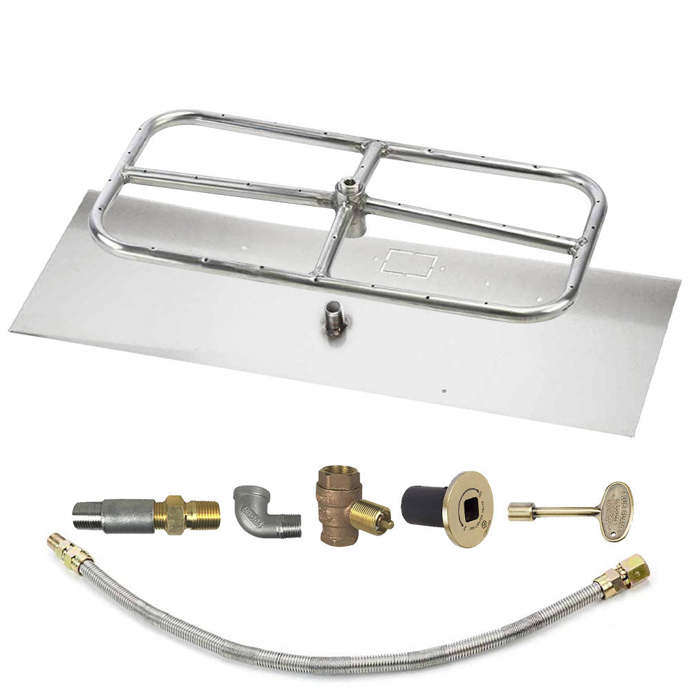 Outdoor fire pit burner kit with stainless burner frame and gas hose, gold control plate and fittings