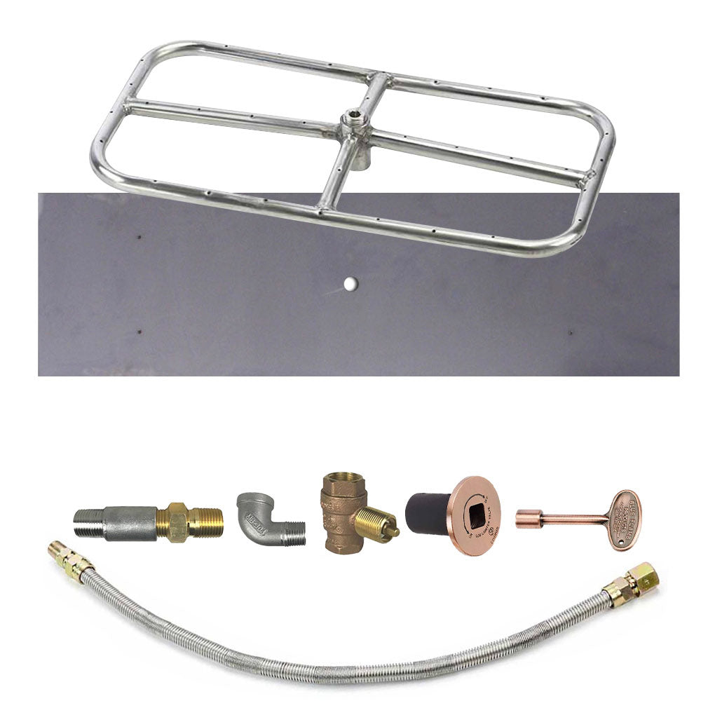 Outdoor fire pit burner kit with stainless burner frame and gas valve parts, bronze control plate