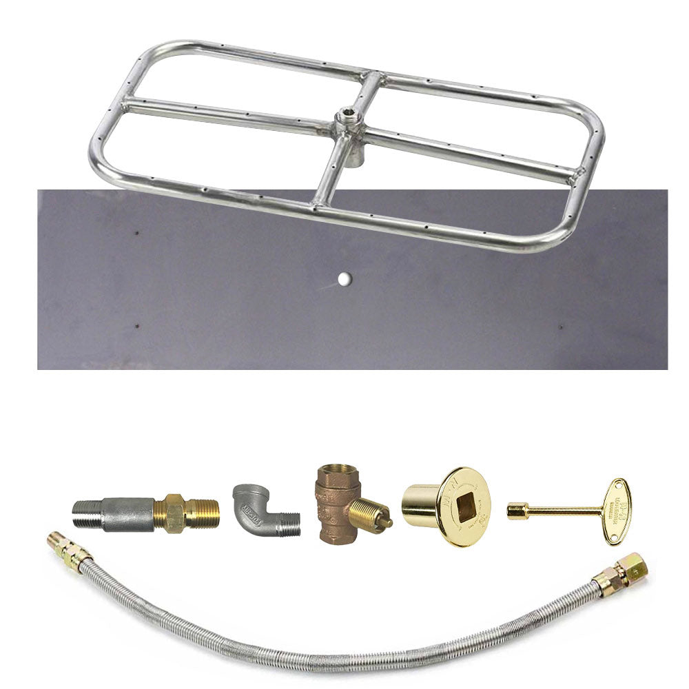 Outdoor fire pit burner kit with stainless burner frame and gas hose, gold control plate