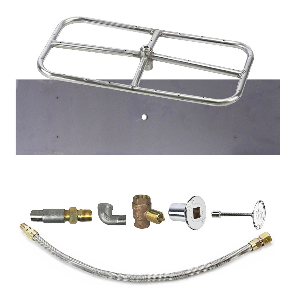 Metal rectangle burner frame with gas hose, brass fittings, and control valve parts
