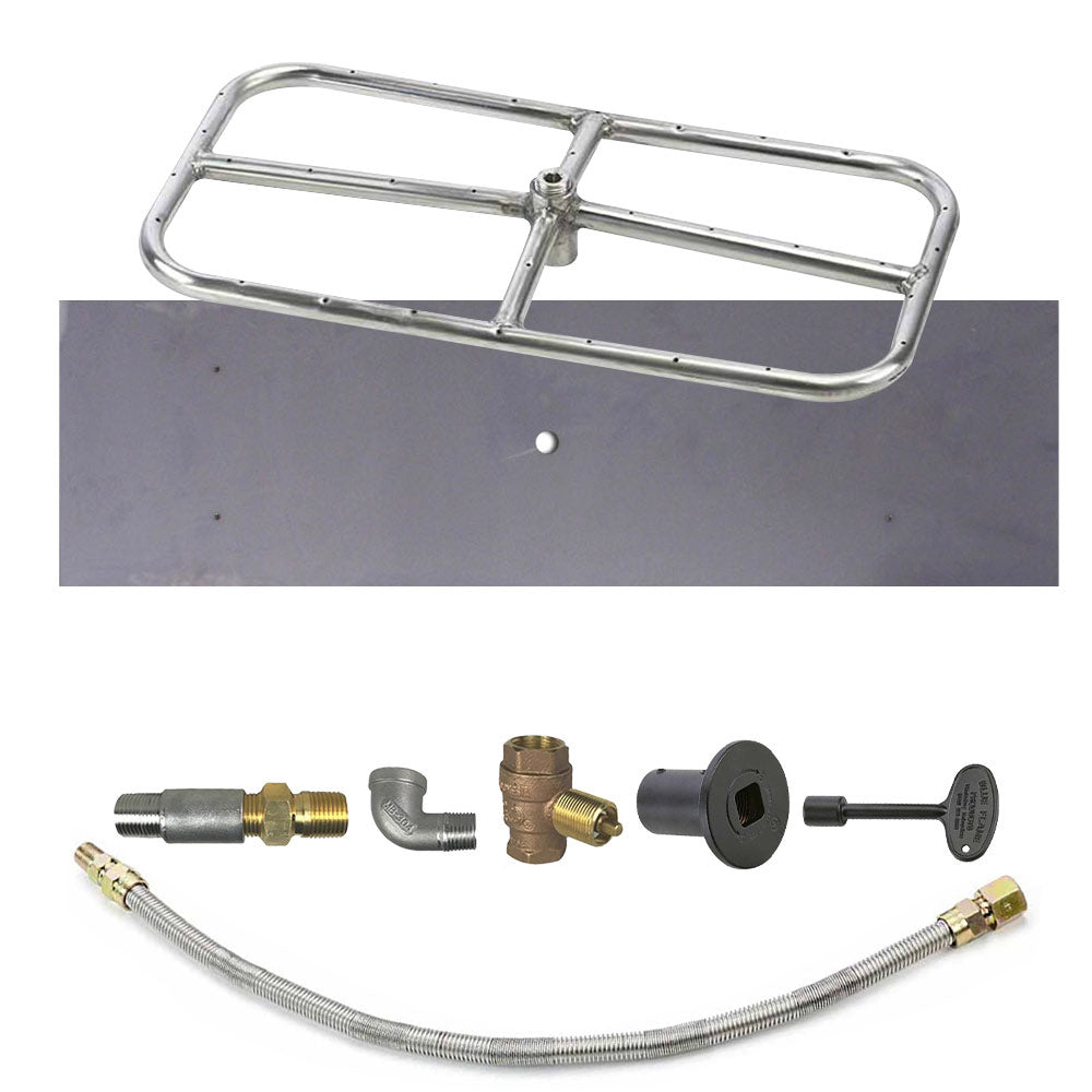 Metal rectangle burner frame with gas hose, brass fittings, and black control valve parts