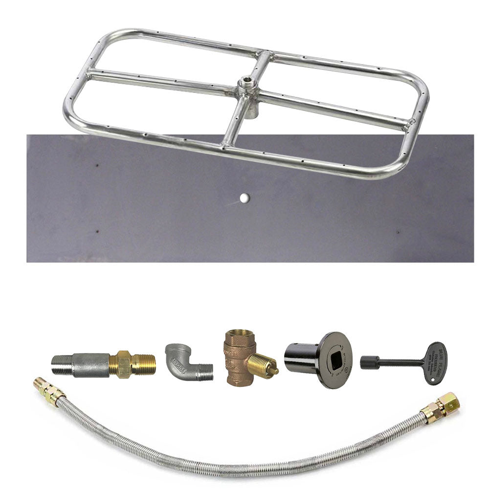 Metal rectangle burner frame with gas hose, brass fittings, and black control valve assembly