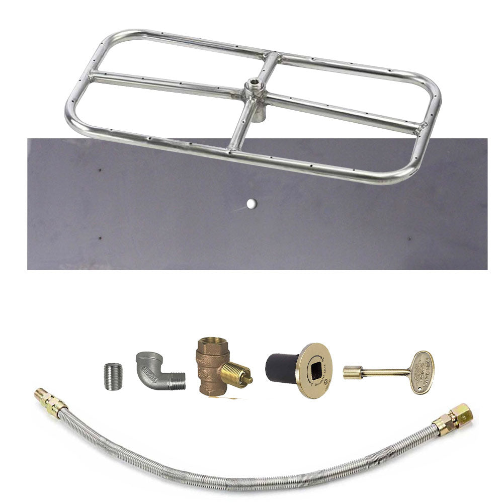 Metal rectangle burner frame with gas hose, brass fittings, and copper-colored control valve parts