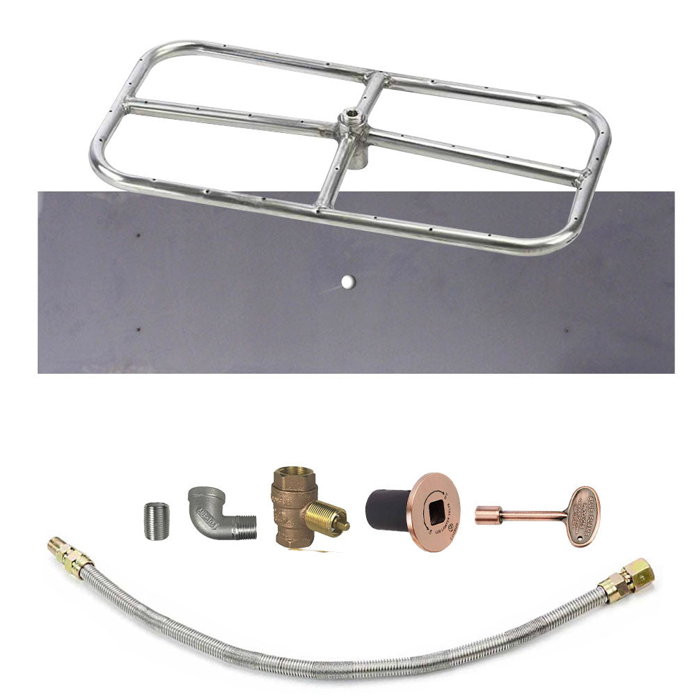 Metal rectangle burner frame with gas hose, brass fittings, and gold control valve assembly