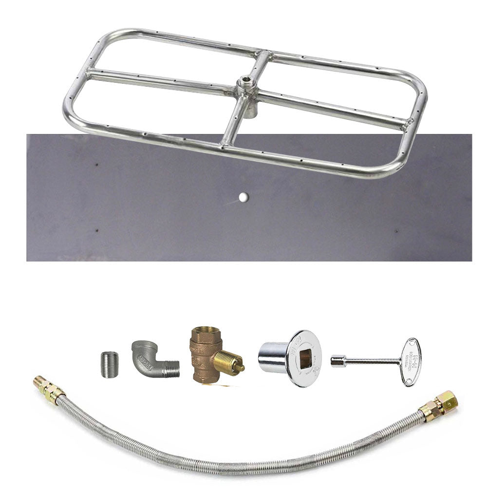 Metal rectangle burner frame with gas hose, brass fittings, and silver control valve assembly