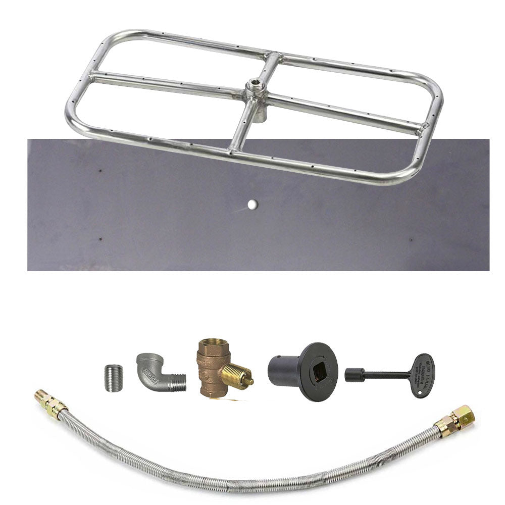 Metal rectangle burner frame with gas hose, brass fittings, and black control valve assembly