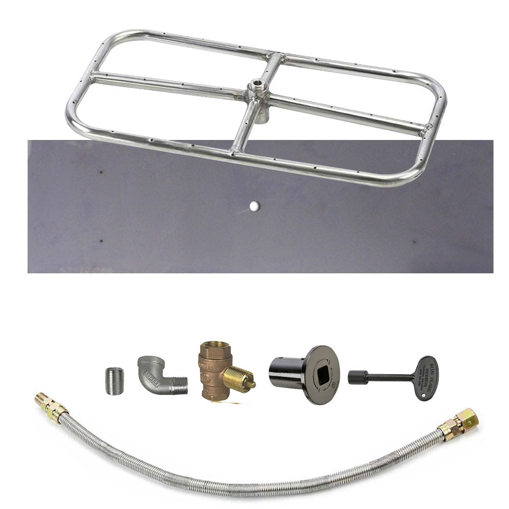 Metal rectangle burner frame with gas hose and brass fittings, plus black control valve