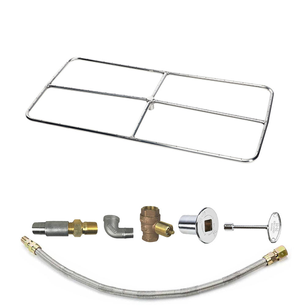 Spotix rectangular fire pit burner kit, stainless grate with silver-colored valves and hose