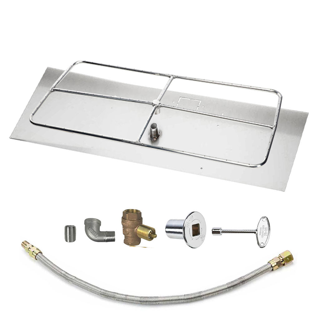 Spotix rectangular fire pit burner kit with base plate, stainless grate and silver valve parts