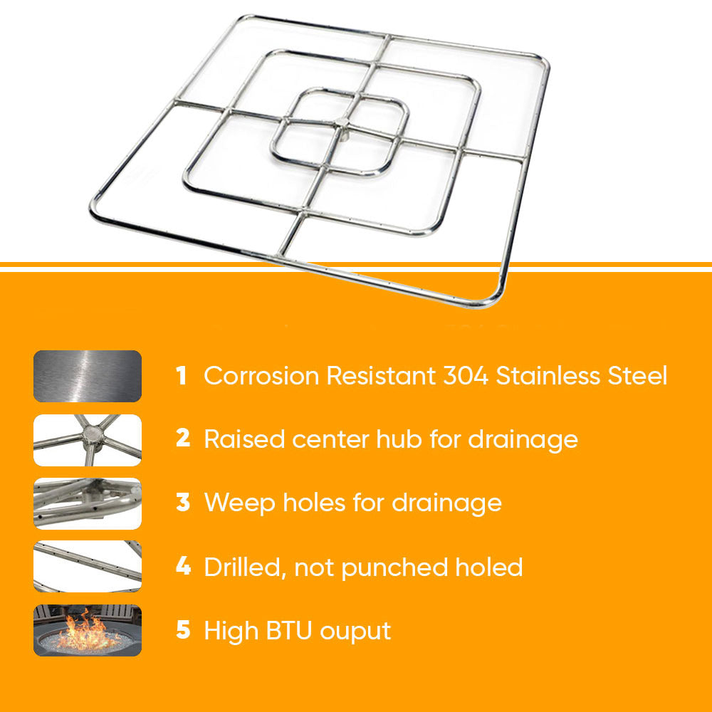 Stainless steel square burner pan with burner assembly for fire pit