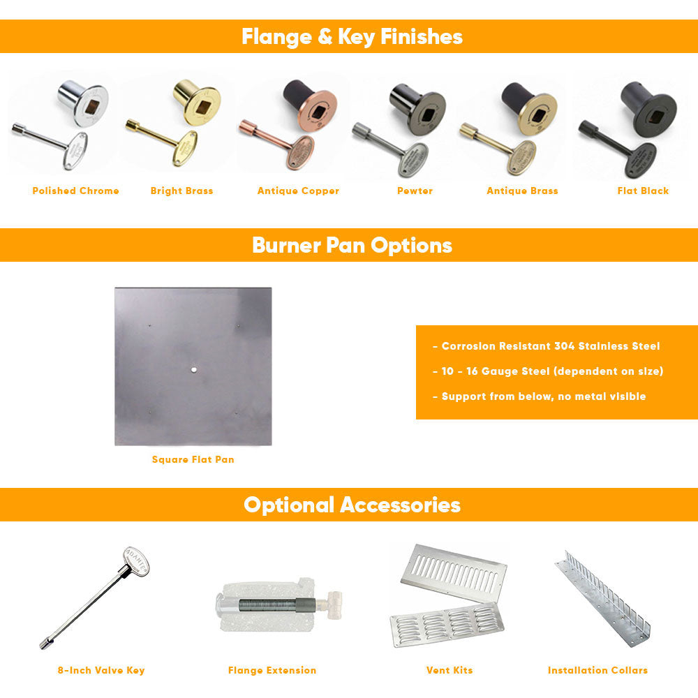 Flange and key parts with multiple finish samples for burner pan options