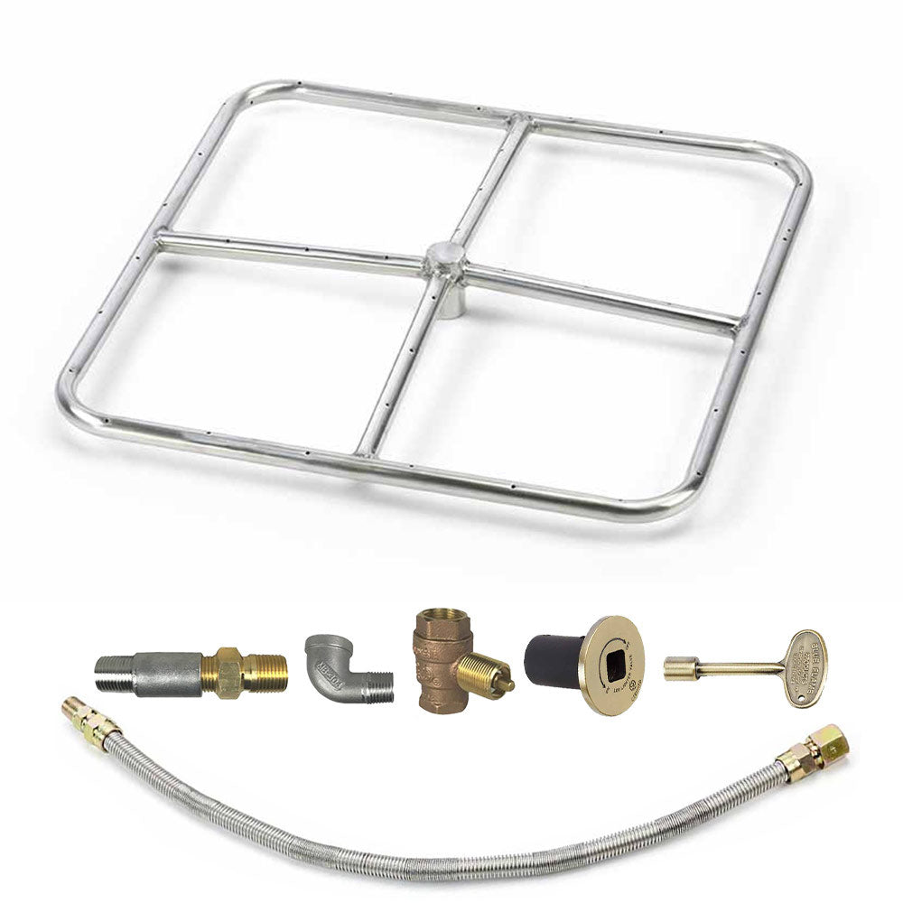 Square stainless steel burner pan with gas fittings and adjustable burner base