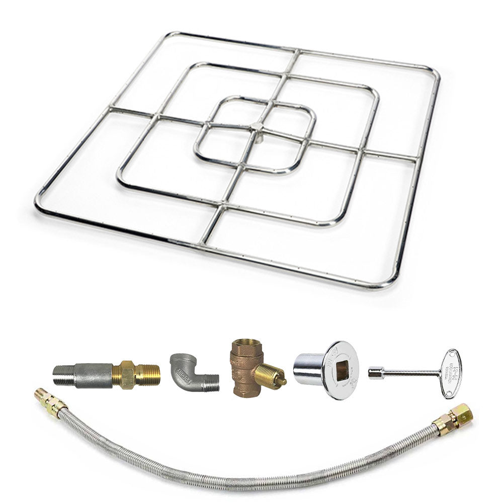 Square stainless steel burner pan with gas control fittings and flexible hose