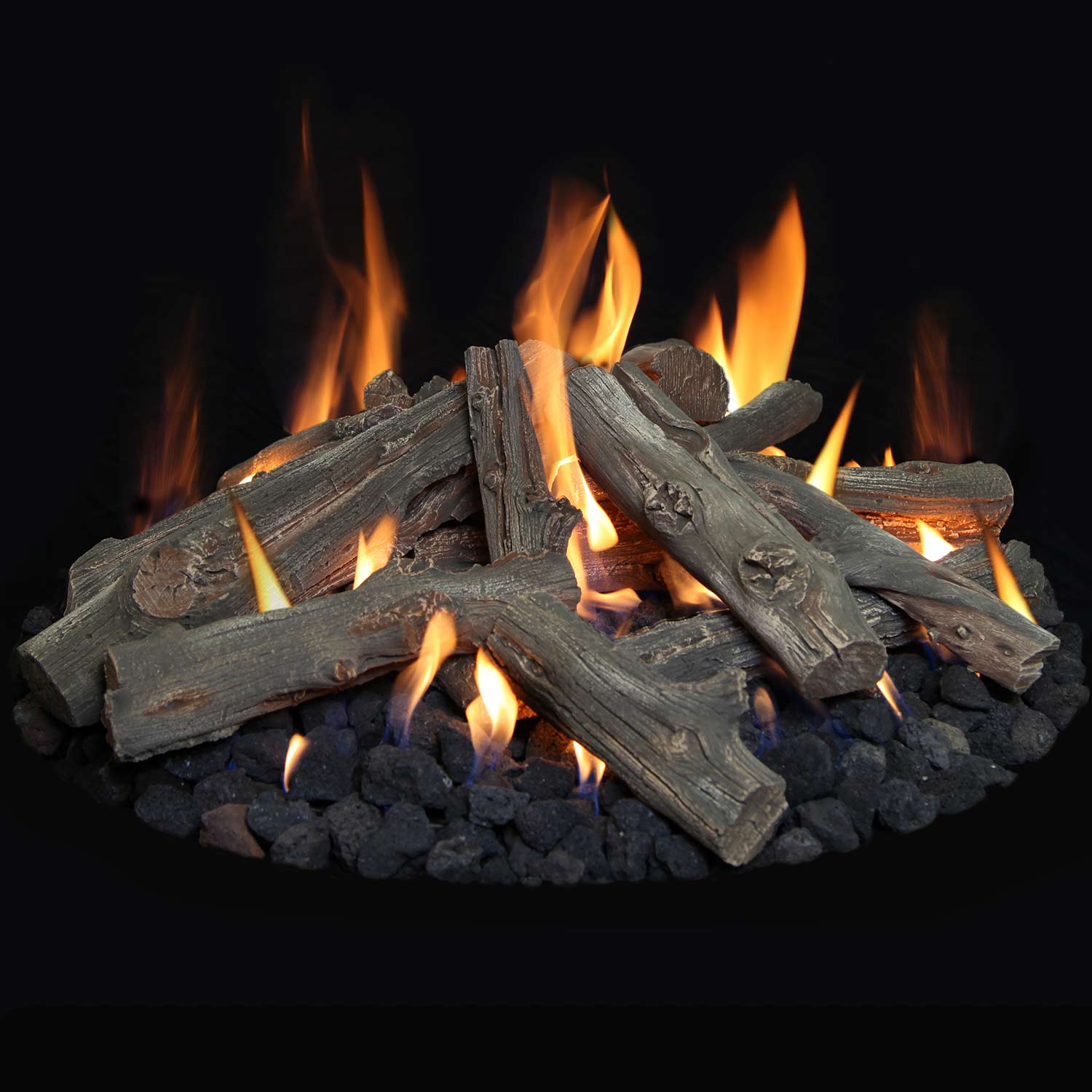 Fire pit log set with dark driftwood-style logs and visible flames over black coals