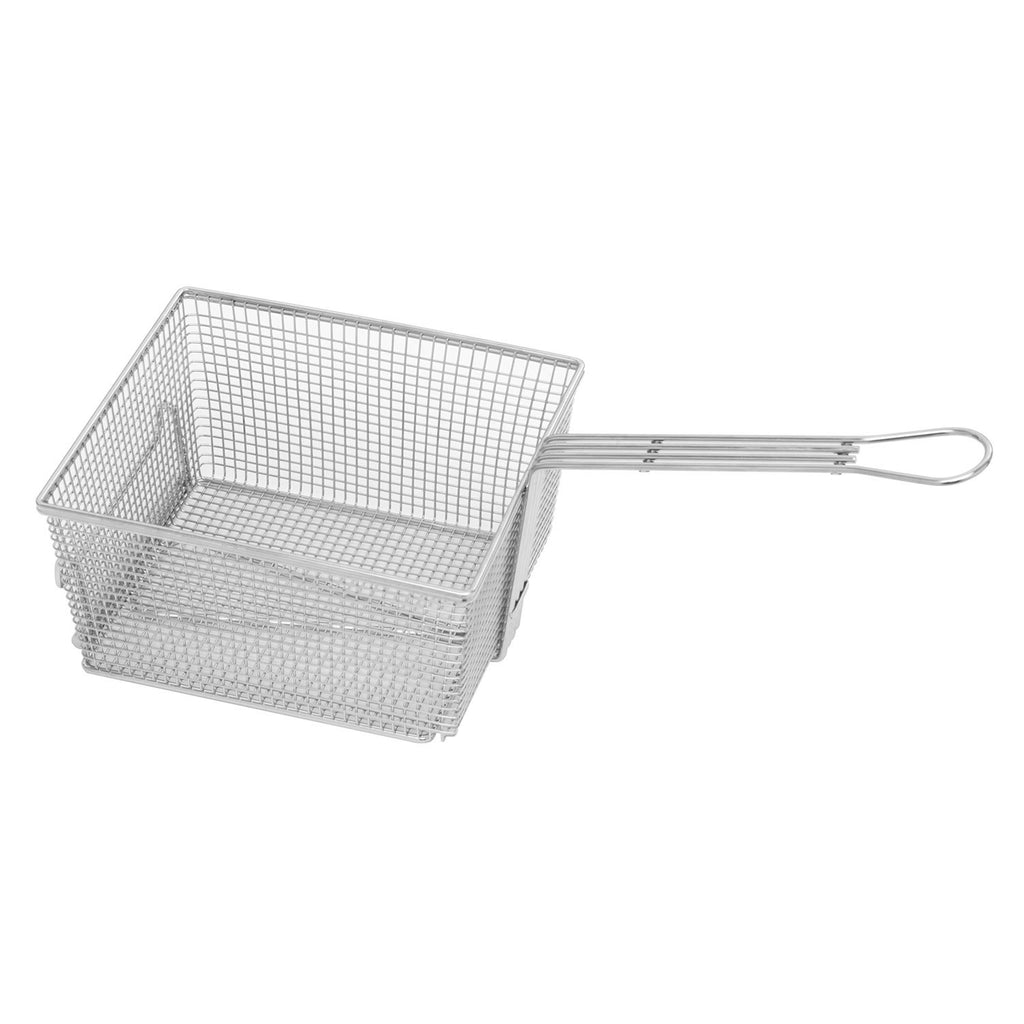 Stainless steel fryer basket with wire mesh and loop handle, open rectangular shape