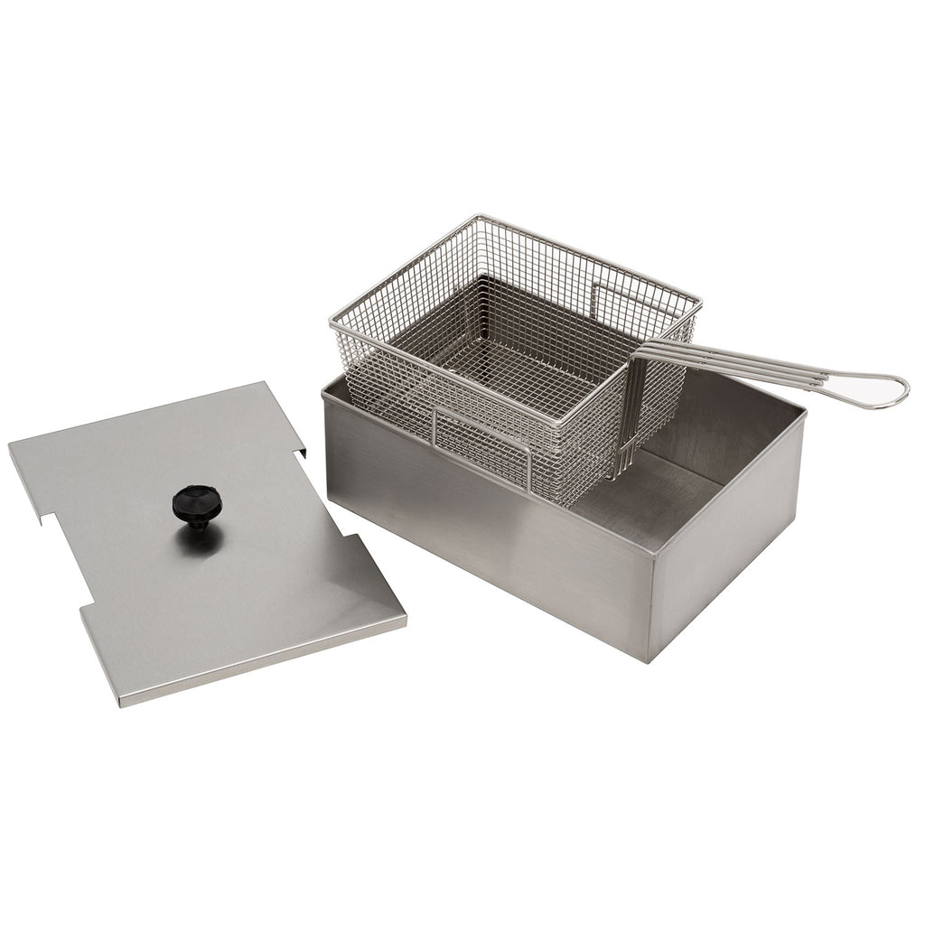 Stainless steel fryer basket with handle and wire insert over metal fryer pot, plus cover plate
