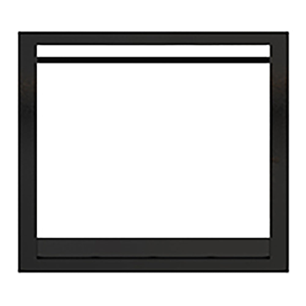 Black direct vent gas fireplace front facade with rectangular window frame