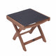 Teak sling footrest with dark navy fabric cushion and teak wood legs