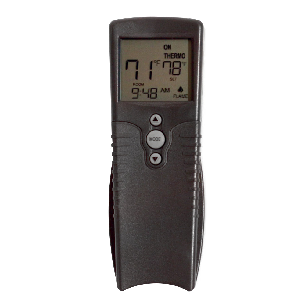 Handheld dark remote control with LCD thermostat display and mode buttons