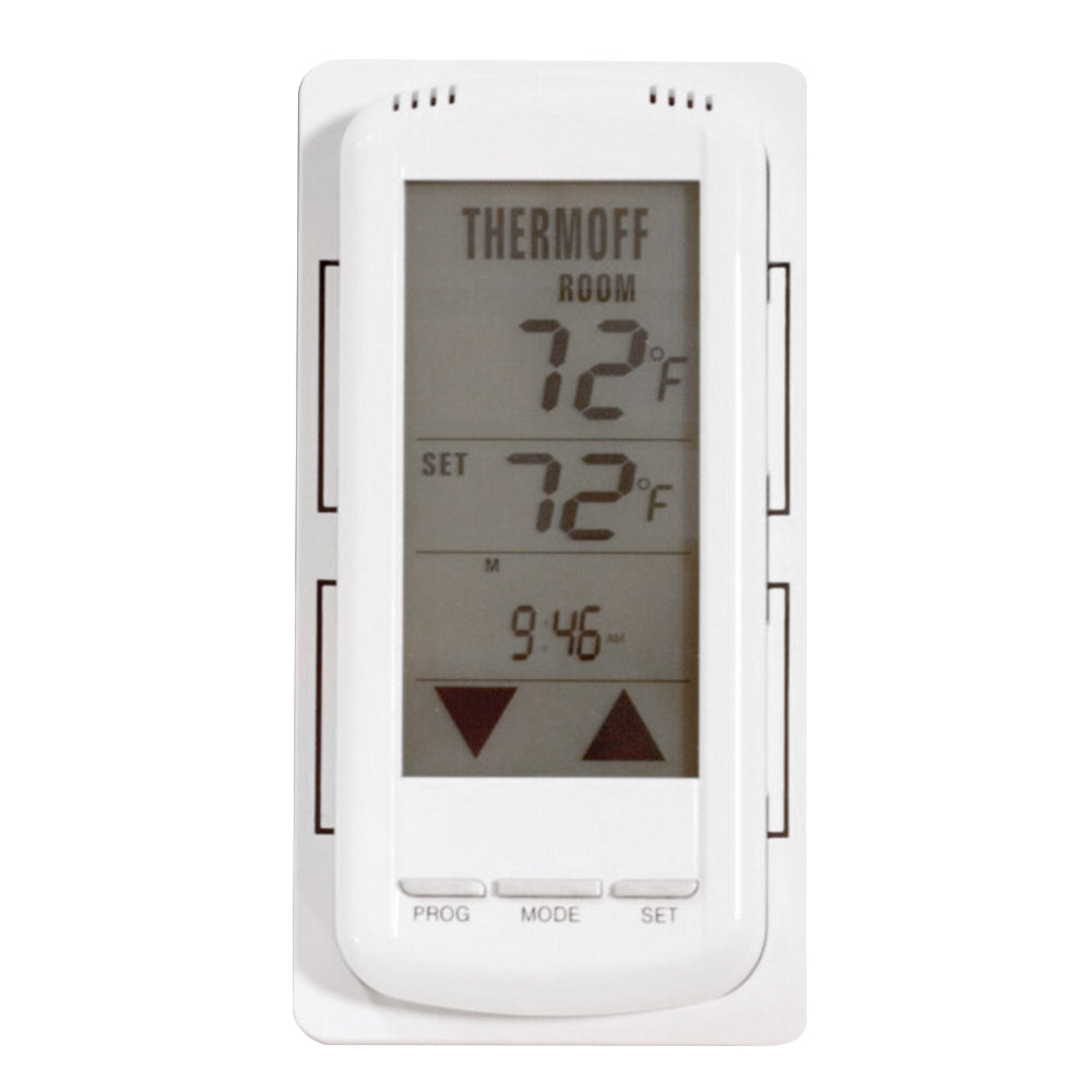 White touchscreen remote control with digital display and bottom function buttons