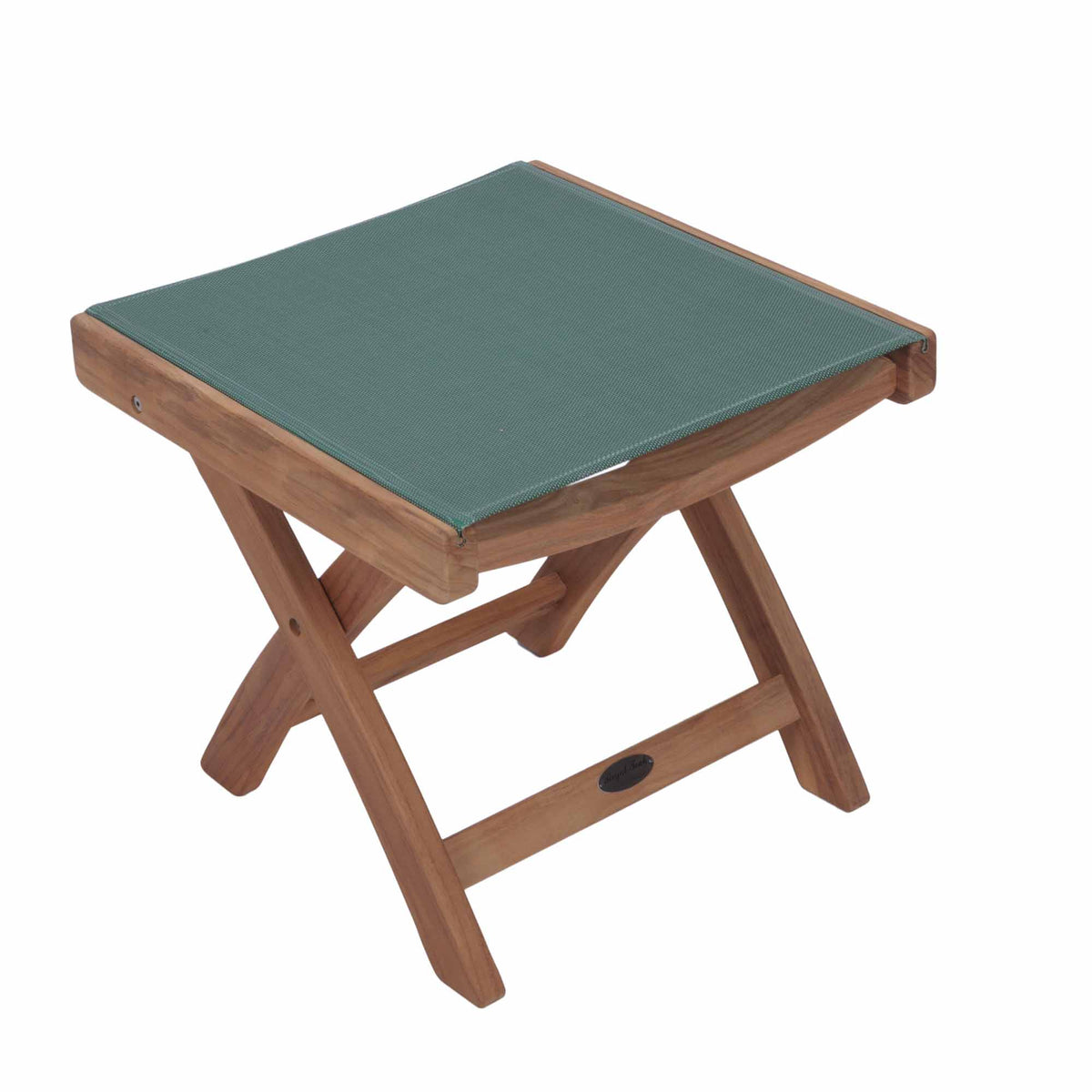 Teak sling footrest with moss green fabric cushion and teak wood frame