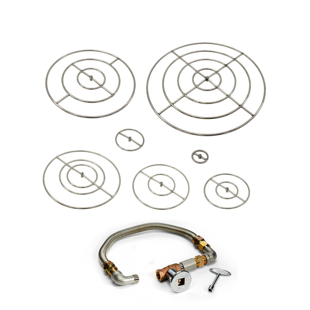 Gas fire pit burner kit with circular ring grates, ignition parts, and flexible hose