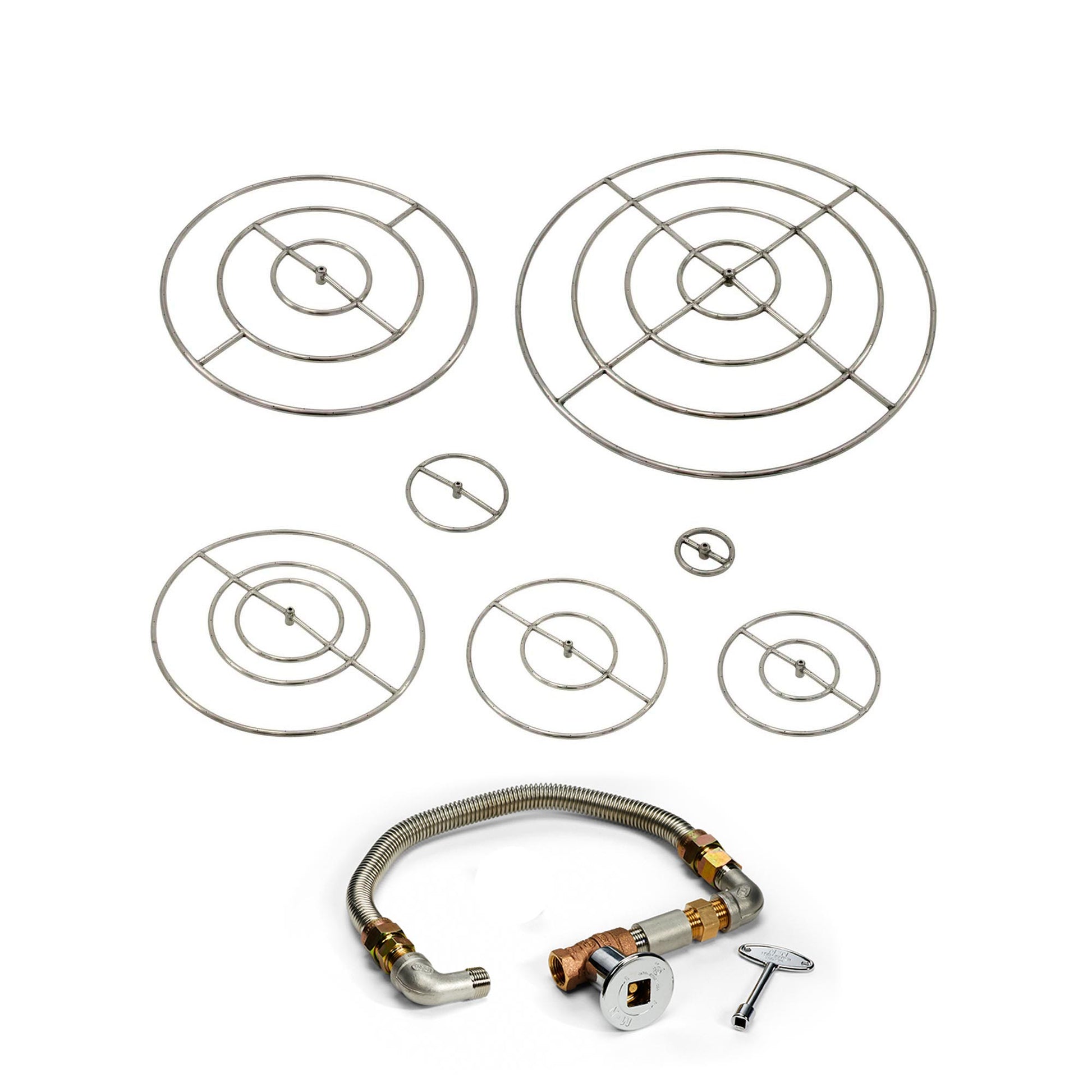 Gas fire pit burner kit with circular ring grates, ignition parts, and flexible hose