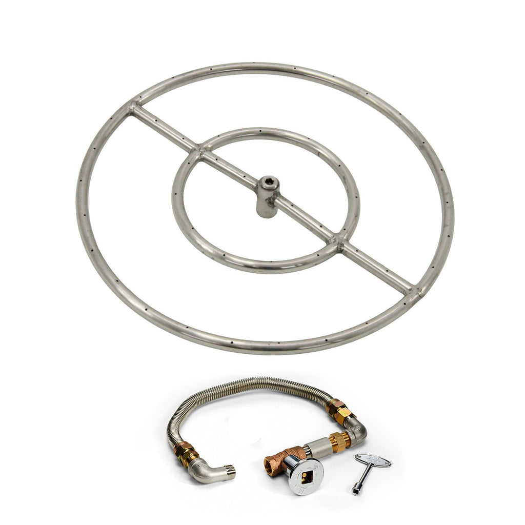 Gas fire pit burner ring with flexible gas line, valve control, and ignition key