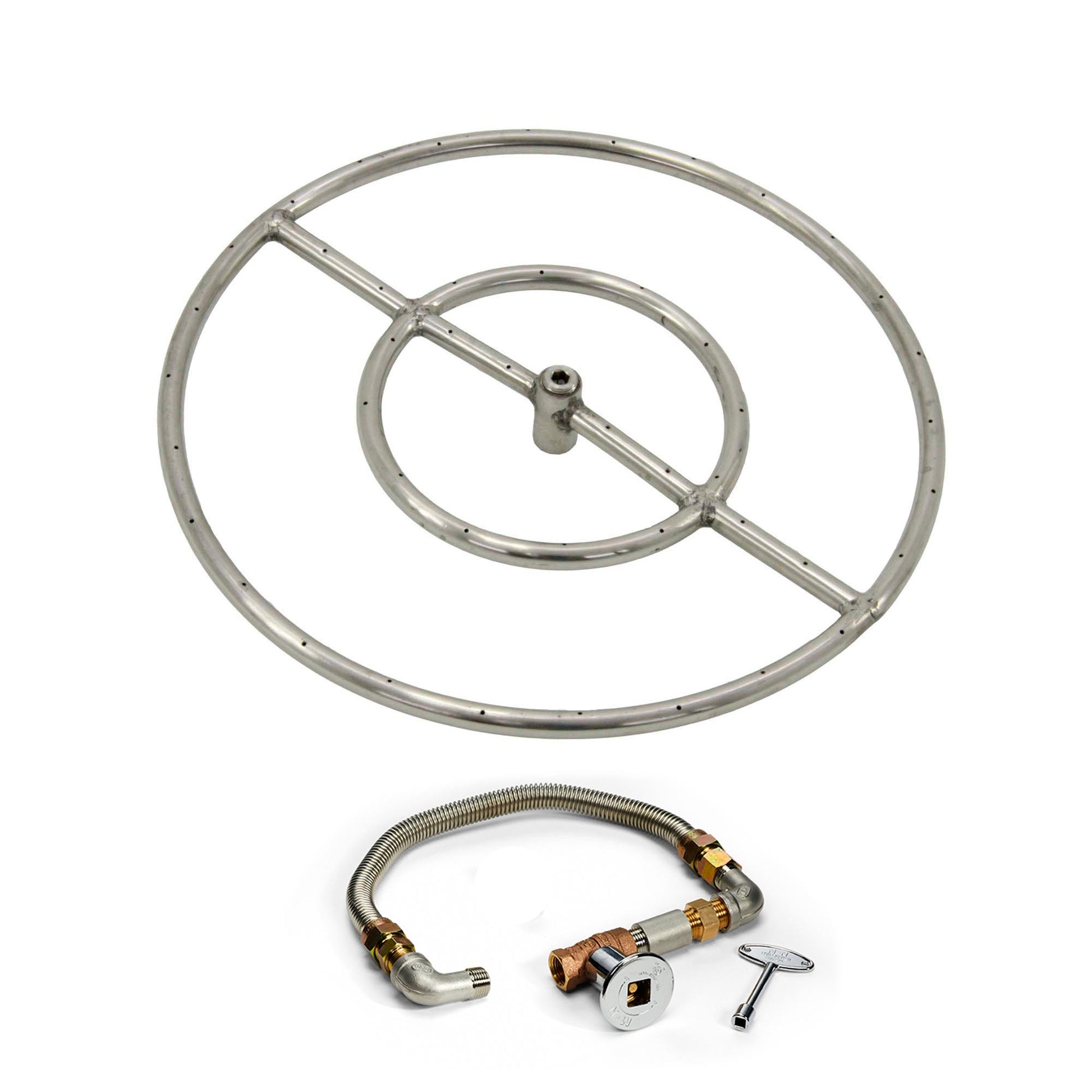 Gas fire pit burner ring with flexible gas line, valve control, and ignition key