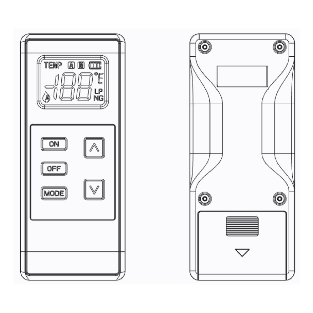 Thermostat remote control with LCD screen and button panel, front and back views