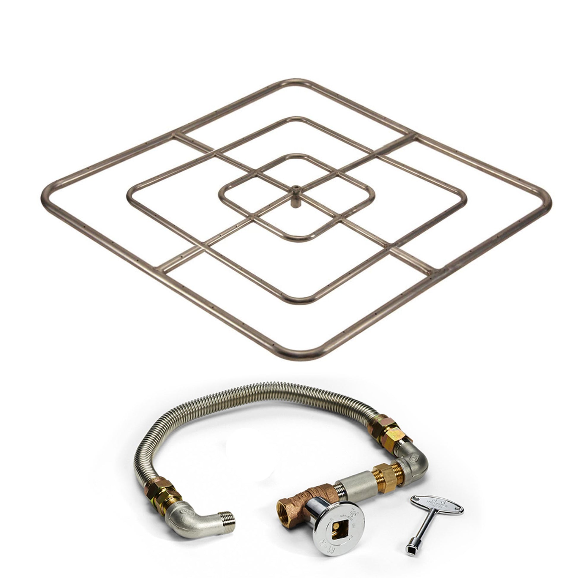 Square gas fire pit burner grate with center igniter ring, plus gas hose and valve pieces